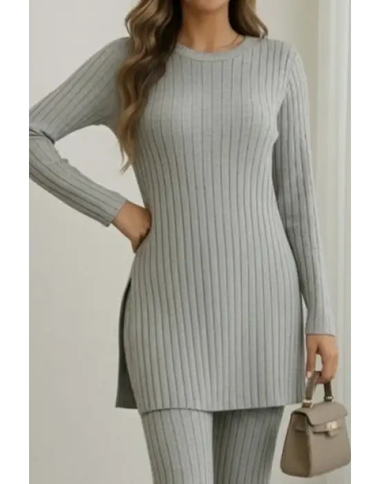 Kadın Uzun Kollu Yuvarlak Yaka Yandan Yırtmaç Detaylı şardonlu Kaşkorse Bluz Ve Pantolon Ikili Takım