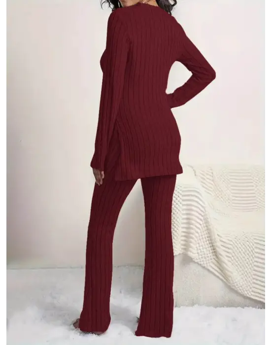 Kadın Uzun Kollu Yuvarlak Yaka Yandan Yırtmaç Detaylı şardonlu Kaşkorse Bluz Ve Pantolon Ikili Takım