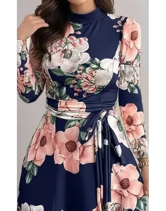 Kadın Uzun Kollu Yuvarlak Yakalı Beli Kuşaklı Desenli Süprem Uzun Elbise