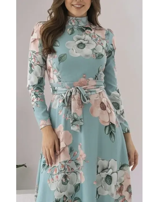 Kadın Uzun Kollu Yuvarlak Yakalı Beli Kuşaklı Desenli Süprem Uzun Elbise