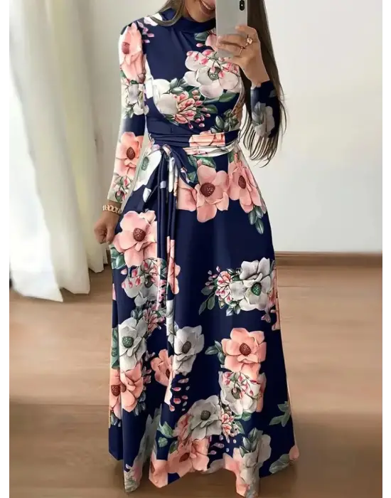 Kadın Uzun Kollu Yuvarlak Yakalı Beli Kuşaklı Desenli Süprem Uzun Elbise