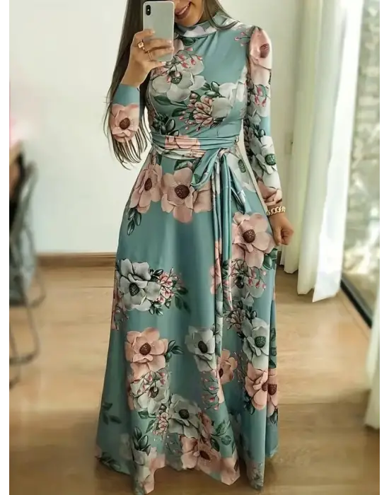 Kadın Uzun Kollu Yuvarlak Yakalı Beli Kuşaklı Desenli Süprem Uzun Elbise