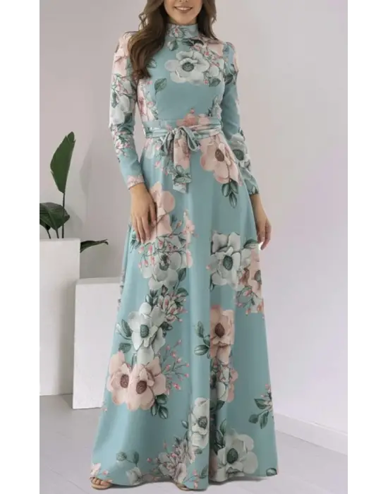 Kadın Uzun Kollu Yuvarlak Yakalı Beli Kuşaklı Desenli Süprem Uzun Elbise