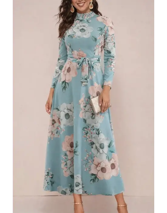 Kadın Uzun Kollu Yuvarlak Yakalı Beli Kuşaklı Desenli Süprem Uzun Elbise