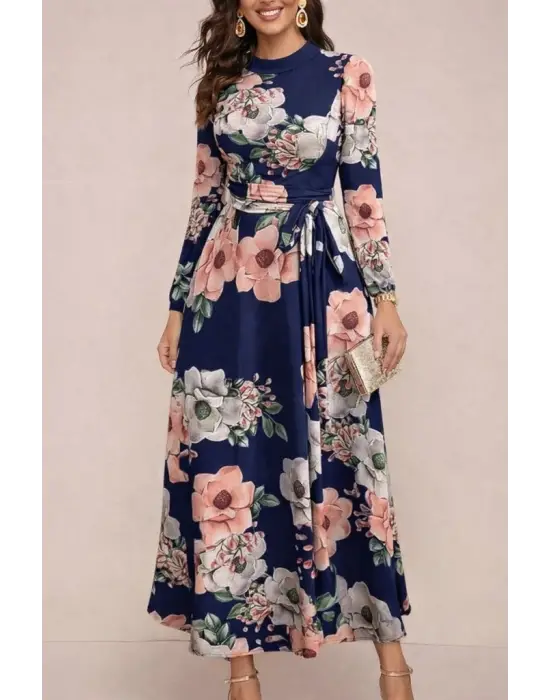 Kadın Uzun Kollu Yuvarlak Yakalı Beli Kuşaklı Desenli Süprem Uzun Elbise