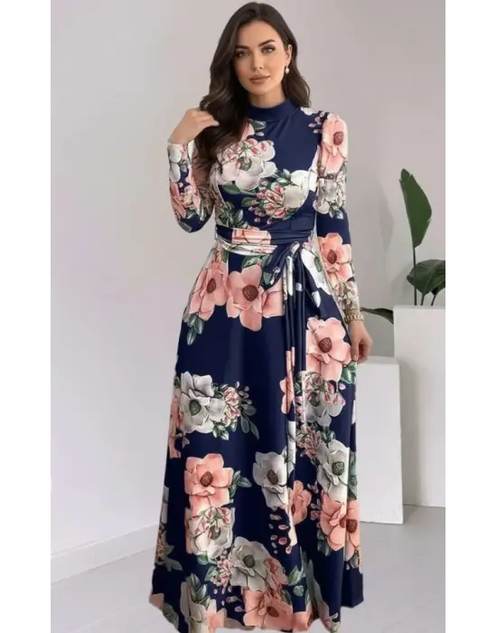 Kadın Uzun Kollu Yuvarlak Yakalı Beli Kuşaklı Desenli Süprem Uzun Elbise