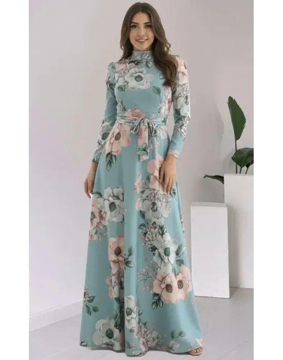Kadın Uzun Kollu Yuvarlak Yakalı Beli Kuşaklı Desenli Süprem Uzun Elbise
