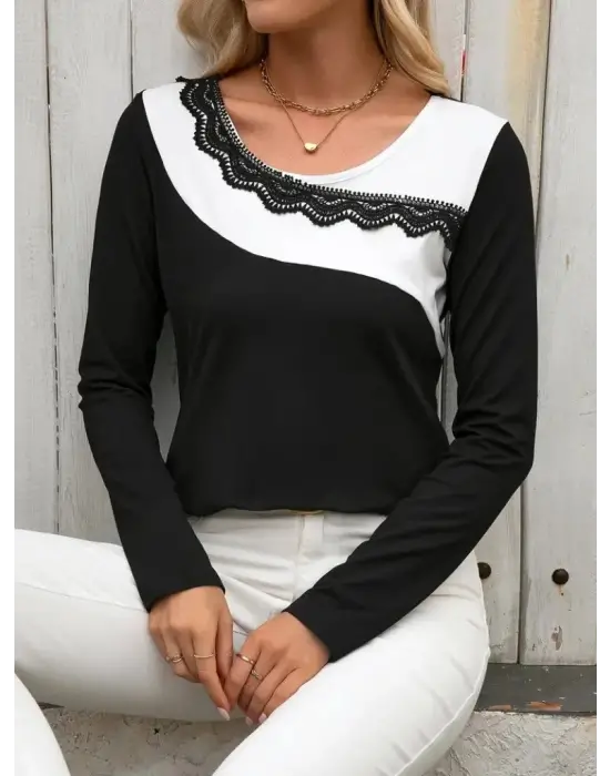 Kadın Uzun Kollu Yuvarlak Yakalı çift Renkli Dantel Detaylı Viskon Bluz