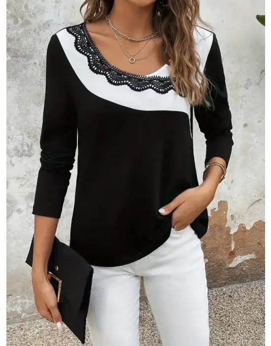 Kadın Uzun Kollu Yuvarlak Yakalı çift Renkli Dantel Detaylı Viskon Bluz