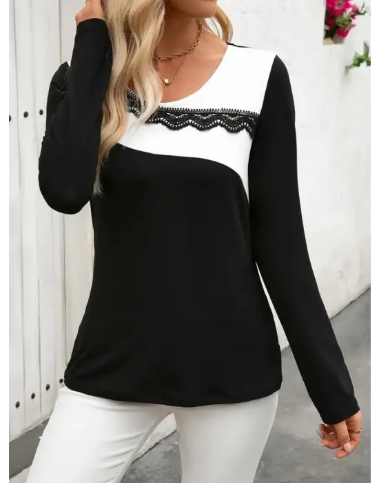 Kadın Uzun Kollu Yuvarlak Yakalı çift Renkli Dantel Detaylı Viskon Bluz
