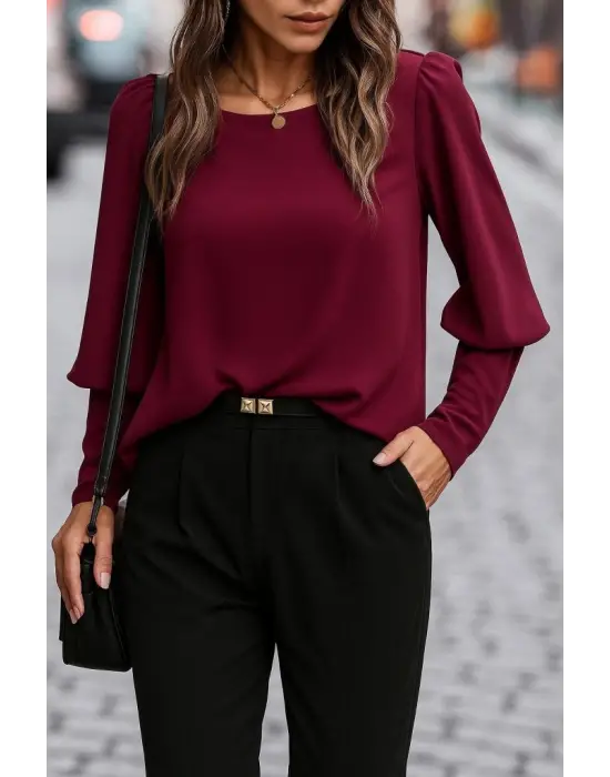 Kadın Uzun Kollu Yuvarlak Yakalı Düğmeli Ithal Krep Bluz