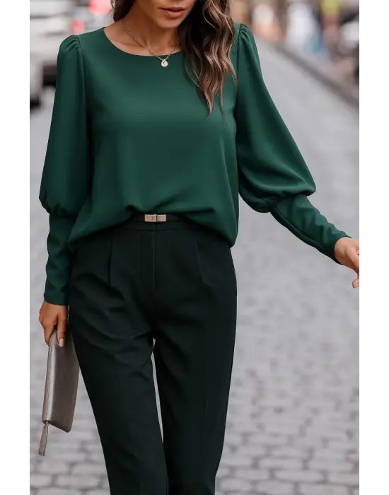 Kadın Uzun Kollu Yuvarlak Yakalı Düğmeli Ithal Krep Bluz