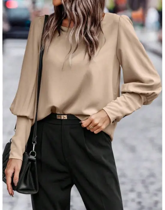 Kadın Uzun Kollu Yuvarlak Yakalı Düğmeli Ithal Krep Bluz