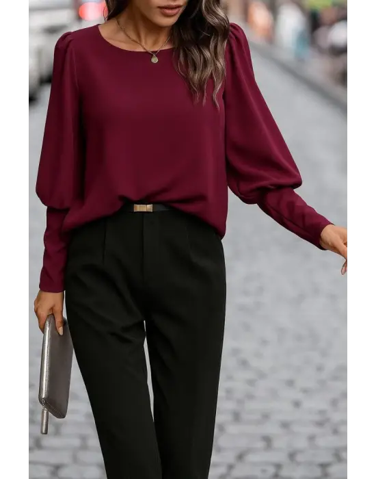 Kadın Uzun Kollu Yuvarlak Yakalı Düğmeli Ithal Krep Bluz