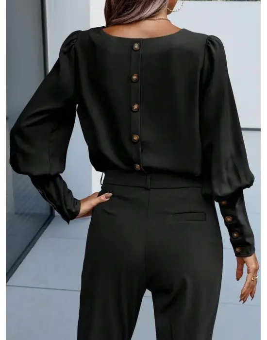 Kadın Uzun Kollu Yuvarlak Yakalı Düğmeli Ithal Krep Bluz