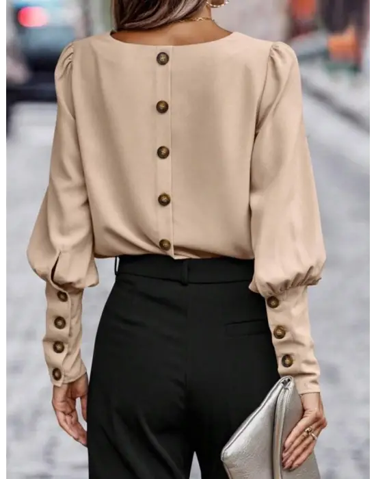 Kadın Uzun Kollu Yuvarlak Yakalı Düğmeli Ithal Krep Bluz