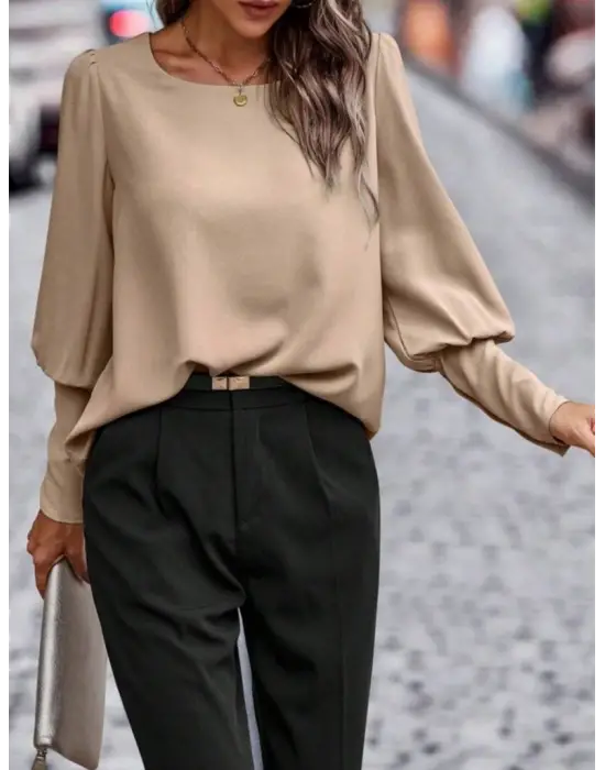 Kadın Uzun Kollu Yuvarlak Yakalı Düğmeli Ithal Krep Bluz