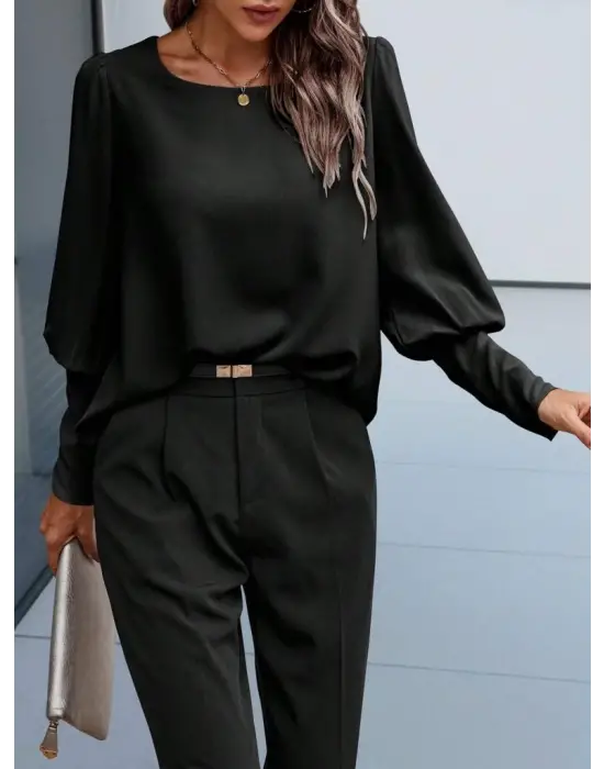 Kadın Uzun Kollu Yuvarlak Yakalı Düğmeli Ithal Krep Bluz