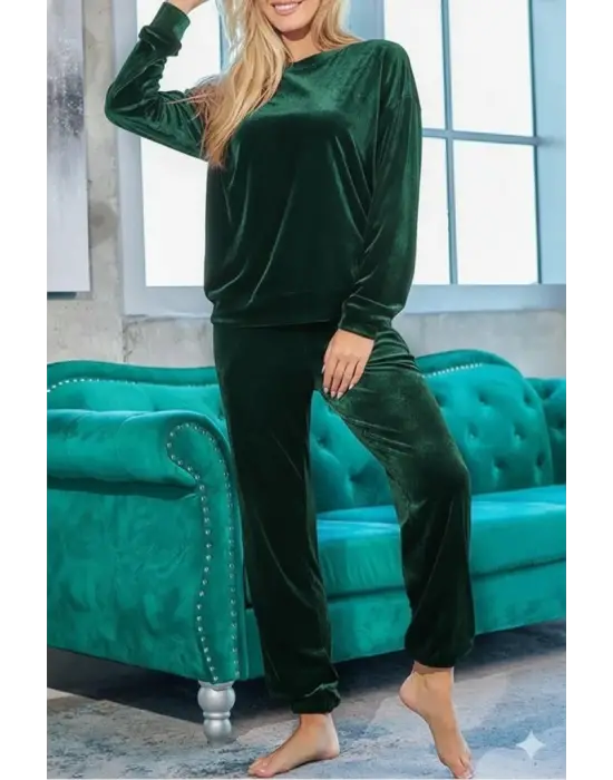 Kadın Uzun Kollu Yuvarlak Yakalı Kadife Bluz Ve Pantolon Takım