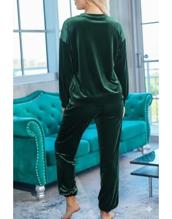 Kadın Uzun Kollu Yuvarlak Yakalı Kadife Bluz Ve Pantolon Takım