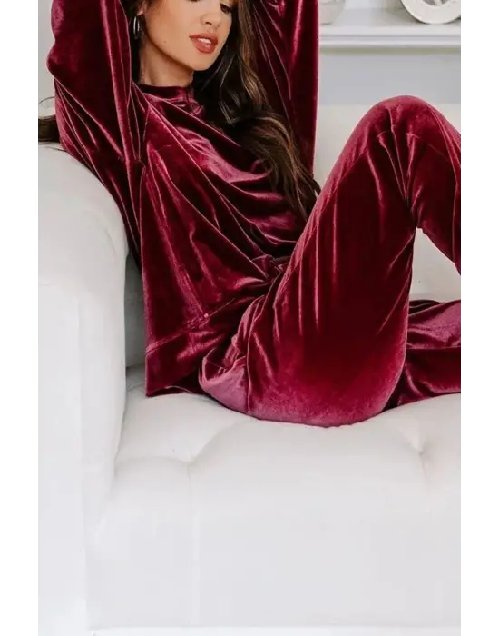 Kadın Uzun Kollu Yuvarlak Yakalı Kadife Bluz Ve Pantolon Takım