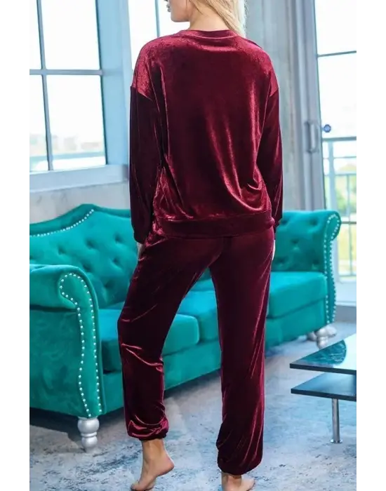Kadın Uzun Kollu Yuvarlak Yakalı Kadife Bluz Ve Pantolon Takım