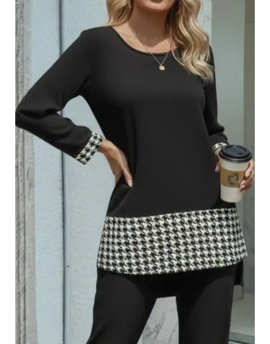 Şık Yuvarlak Yakalı Viscon Kaz Ayağı Detaylı İkili Takım