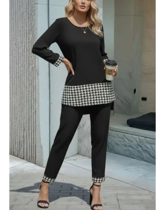 Kadın Uzun Kollu Yuvarlak Yakalı Kaz Ayağı Detaylı Viskon Iki Iplik Bluz Ve Pantolon Ikili Takım