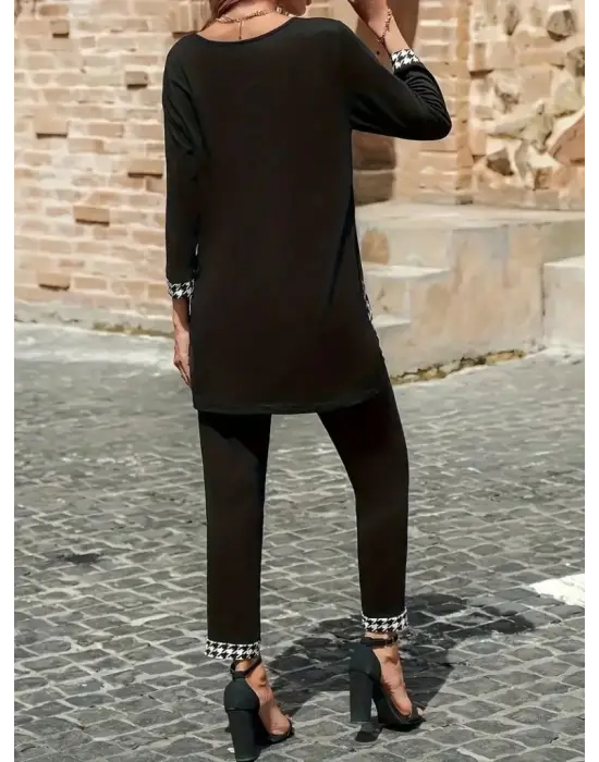 Kadın Uzun Kollu Yuvarlak Yakalı Kaz Ayağı Detaylı Viskon Iki Iplik Bluz Ve Pantolon Ikili Takım