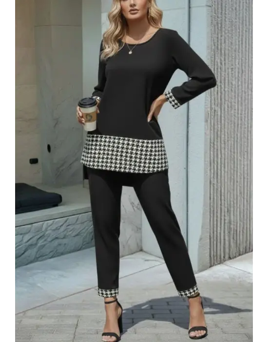 Kadın Uzun Kollu Yuvarlak Yakalı Kaz Ayağı Detaylı Viskon Iki Iplik Bluz Ve Pantolon Ikili Takım