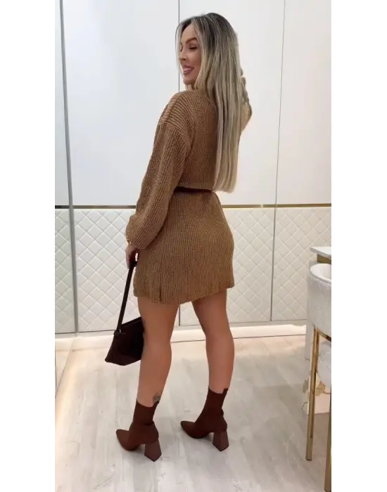 Kadın Uzun Kollu Yuvarlak Yakalı Kısa Triko Elbise