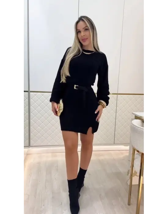 Kadın Uzun Kollu Yuvarlak Yakalı Kısa Triko Elbise