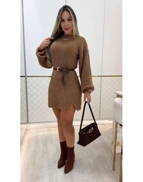 Kadın Uzun Kollu Yuvarlak Yakalı Kısa Triko Elbise