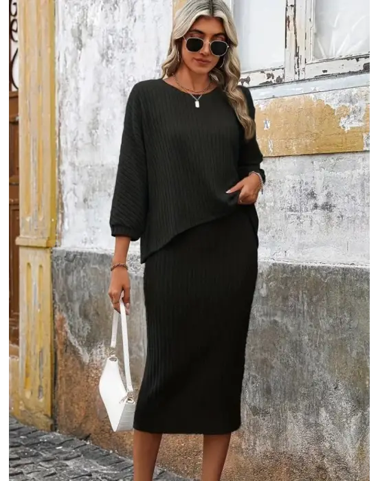 Kadın Uzun Kollu Yuvarlak Yakalı şardonlu Kaşkorse Bluz Ve Etek Ikili Takım