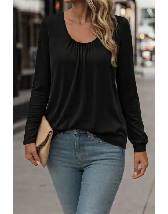 Kadın Uzun Kollu Yuvarlak Yakalı Viskon Bluz
