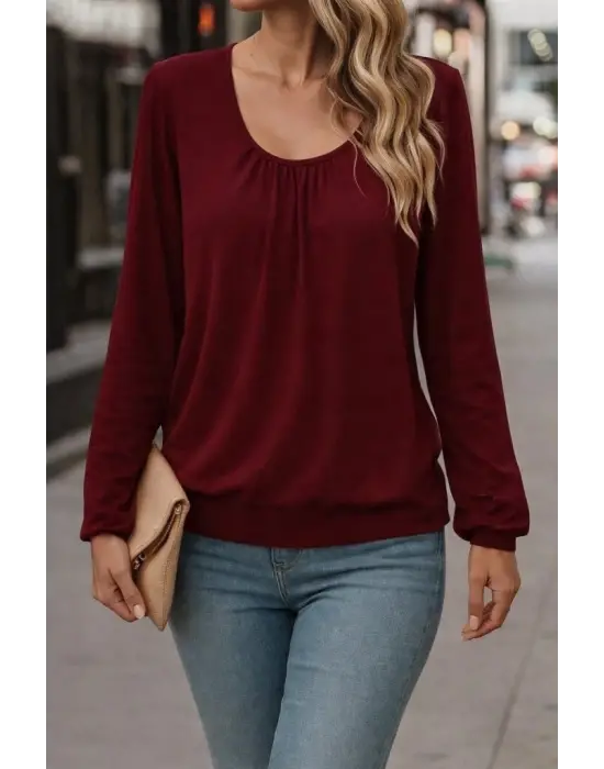 Kadın Uzun Kollu Yuvarlak Yakalı Viskon Bluz