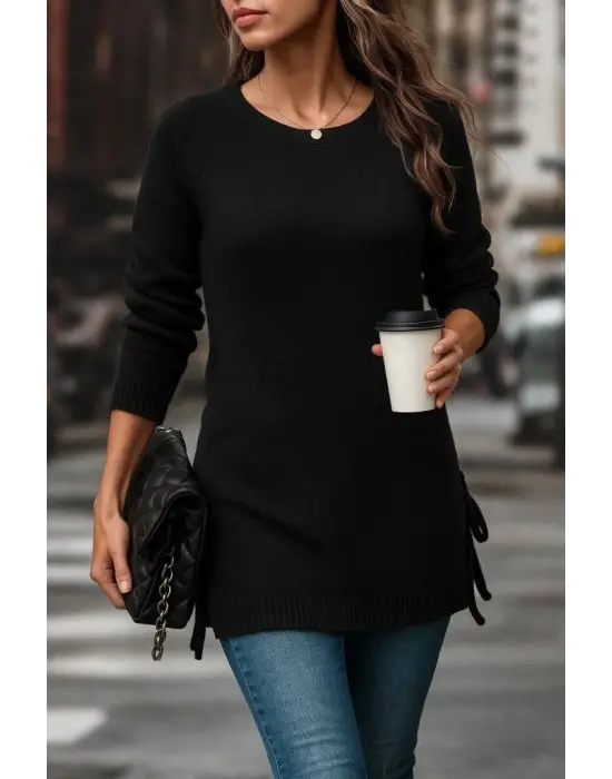Kadın Uzun Kollu Yuvarlak Yakalı Yanlardan Bağcıklı Triko Bluz