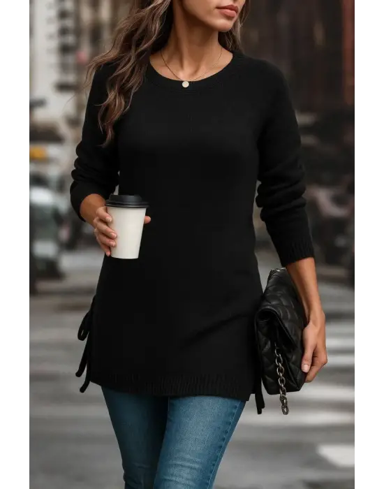 Kadın Uzun Kollu Yuvarlak Yakalı Yanlardan Bağcıklı Triko Bluz