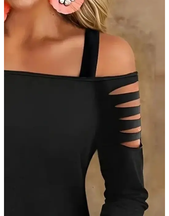 Kadın Uzun Lazer Kesik Detaylı Askılı Viskon Iki Iplik Bluz