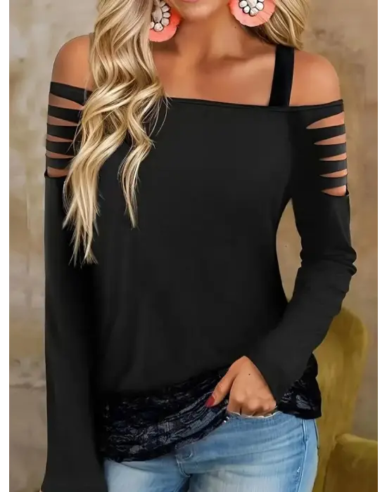 Kadın Uzun Lazer Kesik Detaylı Askılı Viskon Iki Iplik Bluz