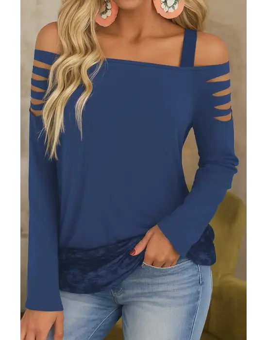 Kadın Uzun Lazer Kesik Detaylı Askılı Viskon Iki Iplik Bluz