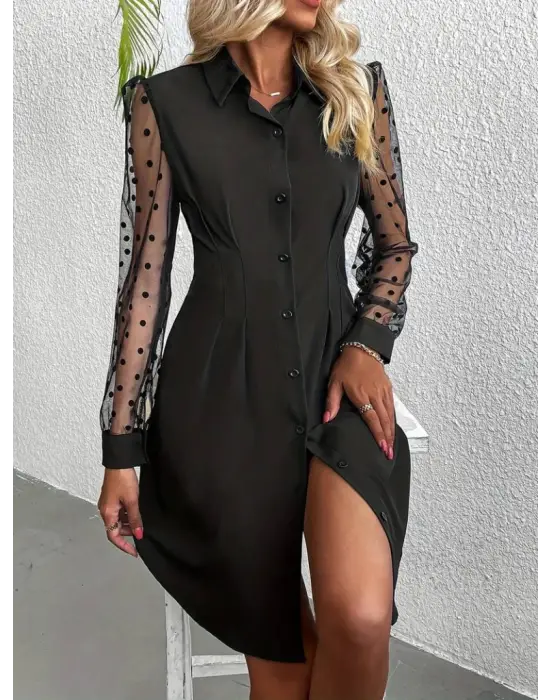 Kadın Uzun Puantiyeli Tül Kol Gömlek Yakalı önden Düğmeli Ithal Krep Elbise