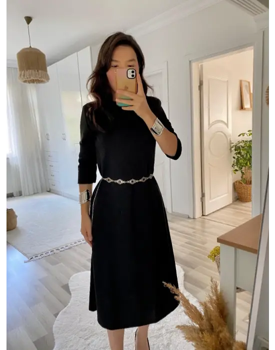 Kadın Uzun Truvakar Kol Bisiklet Yaka Midi Modal Elbise