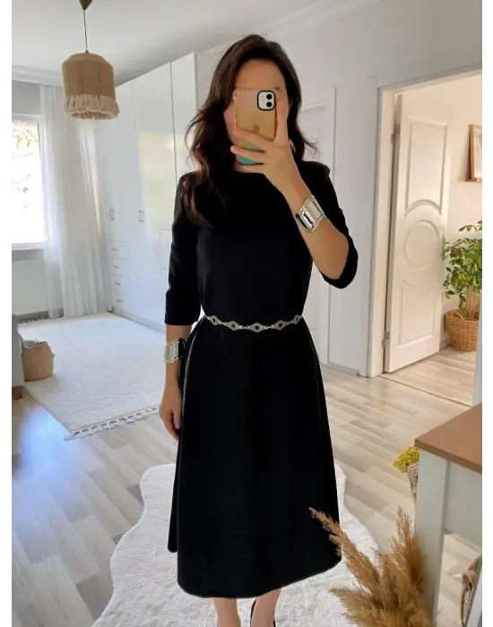 Kadın Uzun Truvakar Kol Bisiklet Yaka Midi Modal Elbise