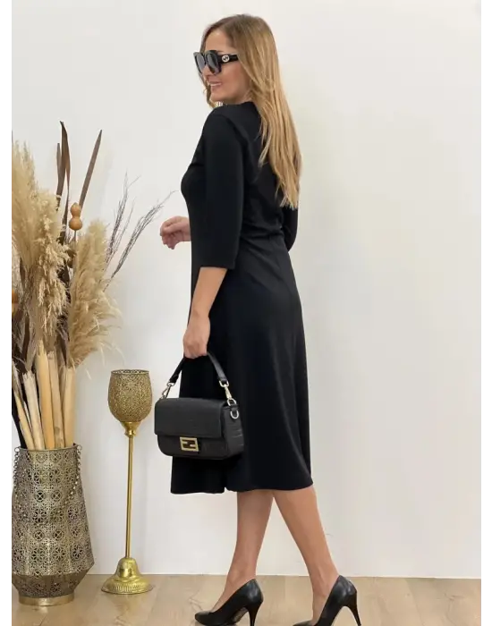 Kadın Uzun Truvakar Kol Bisiklet Yaka Midi Modal Elbise