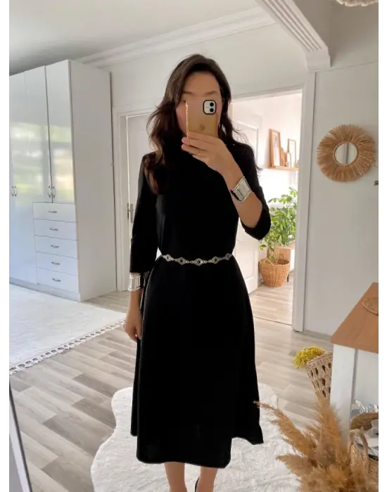 Kadın Uzun Truvakar Kol Bisiklet Yaka Midi Modal Elbise