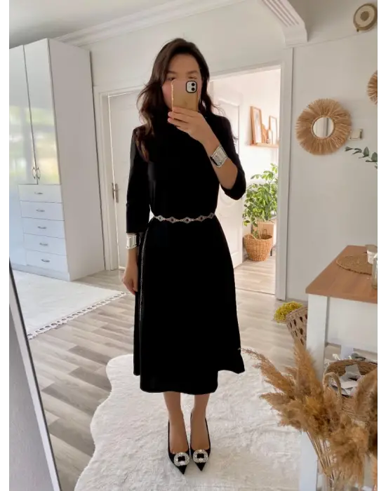 Kadın Uzun Truvakar Kol Bisiklet Yaka Midi Modal Elbise