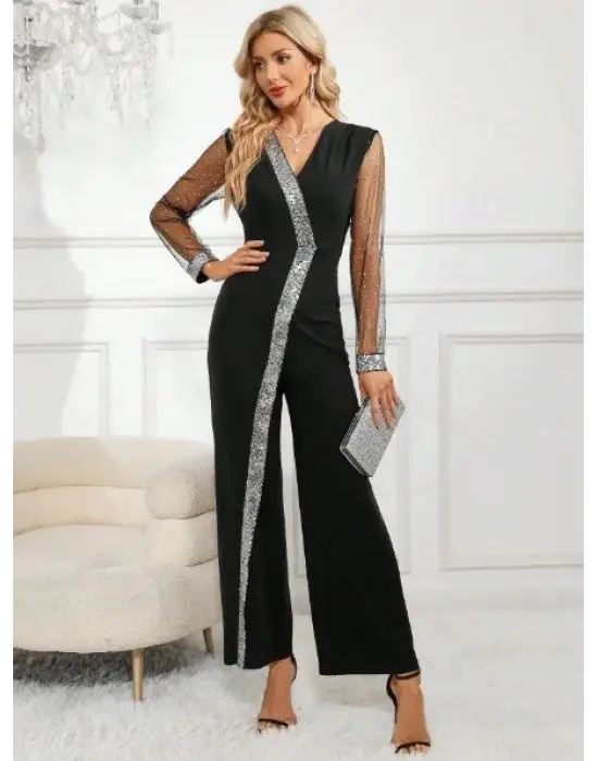 Kadın Uzun V Yakalı önden Pulpayet Detaylı Tüllü Uzun Ithal Krep Tulum