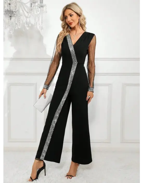 Kadın Uzun V Yakalı önden Pulpayet Detaylı Tüllü Uzun Ithal Krep Tulum