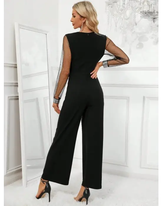 Kadın Uzun V Yakalı önden Pulpayet Detaylı Tüllü Uzun Ithal Krep Tulum